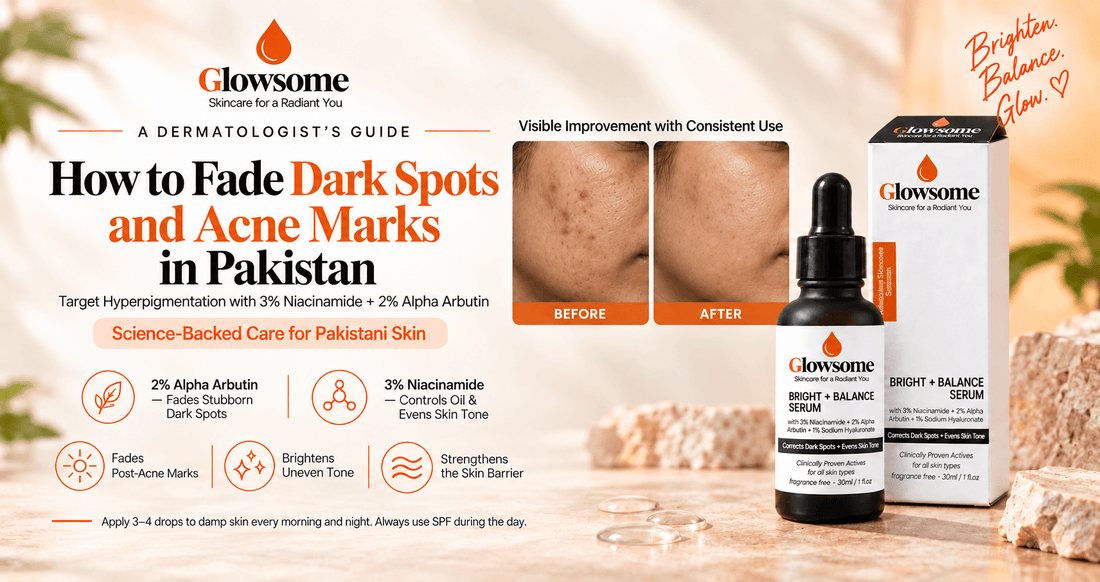 How to clear dark spots and acne marks in Pakistan using Glowsome Niacinamide and Alpha Arbutin serum