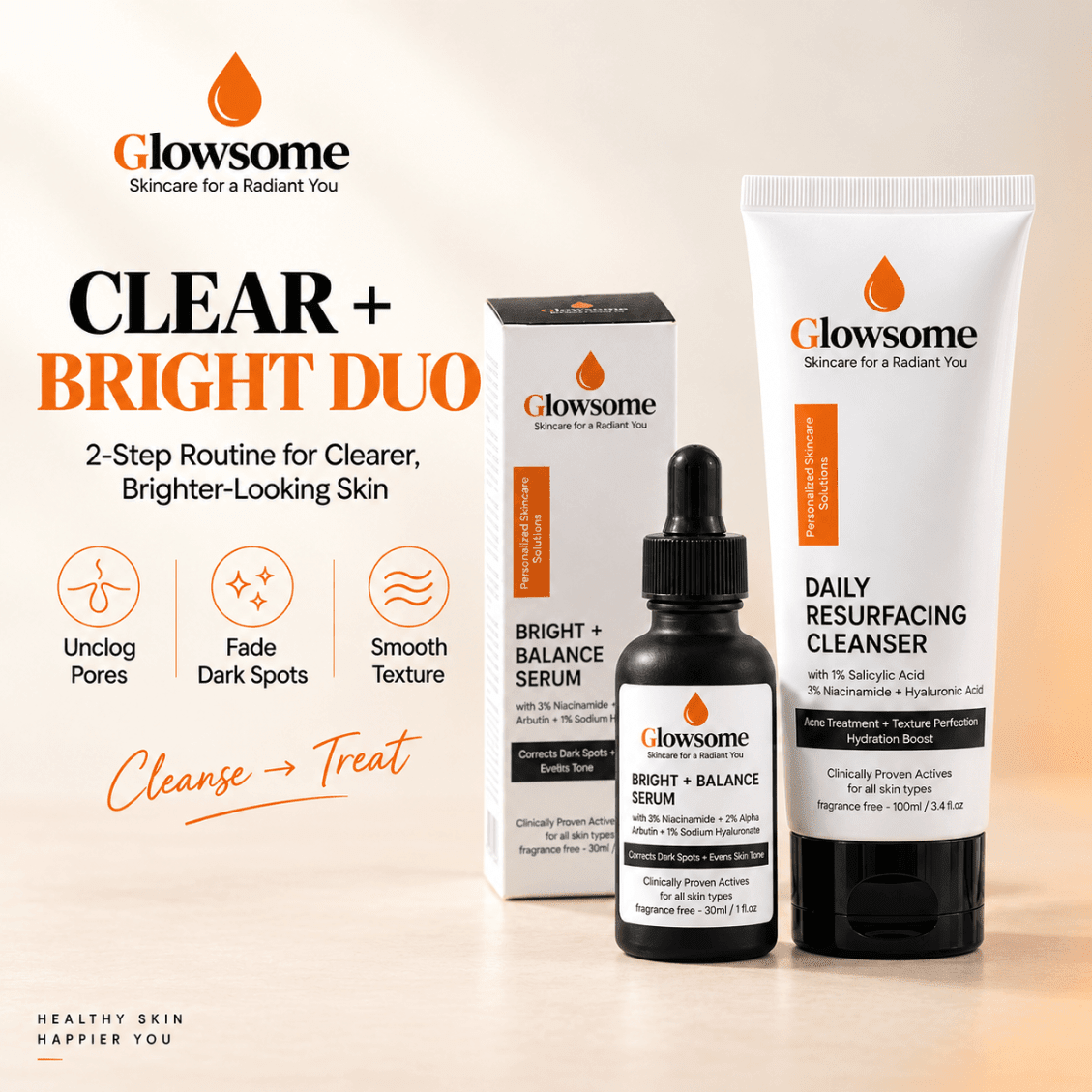 Glowsome Clear + Bright Duo with Daily Resurfacing Cleanser and Bright + Balance Serum for clogged pores, dark spots and uneven skin texture