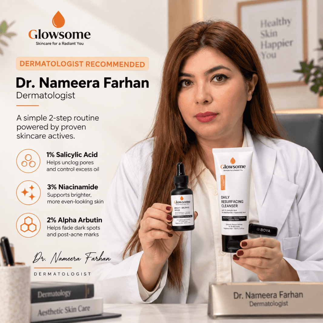 Dermatologist Dr. Nameera Farhan holding Glowsome Clear + Bright Duo with 1% salicylic acid cleanser and niacinamide alpha arbutin serum
