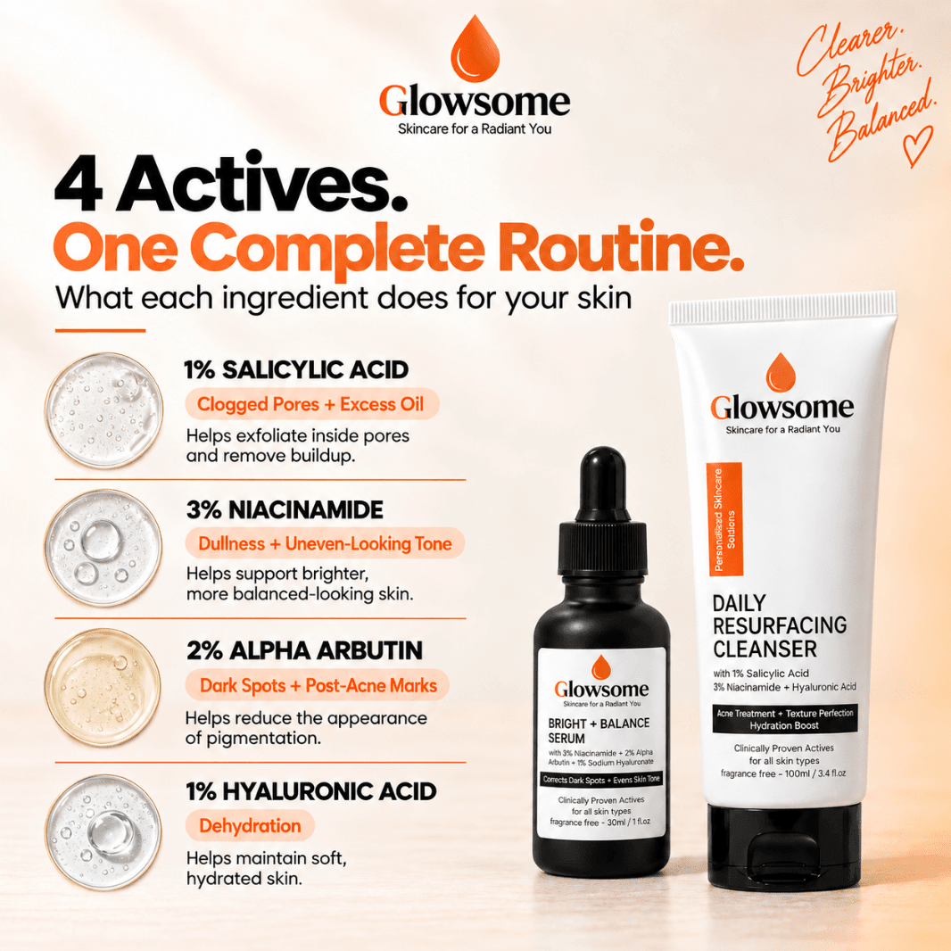 Glowsome Clear + Bright Duo featuring salicylic acid, niacinamide, alpha arbutin and hyaluronic acid for pores, dark spots and hydration