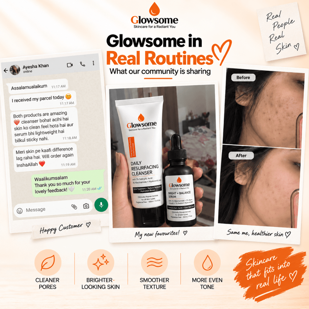 Glowsome Clear + Bright Duo customer review and real skincare routine showing cleaner pores and more even-looking skin
