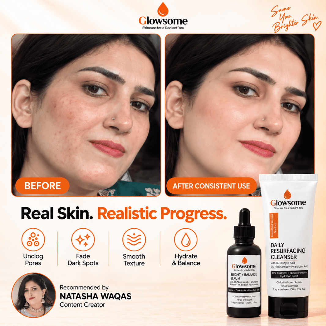 Glowsome Clear + Bright Duo real skin before and after consistent use with Natasha Waqas recommendation