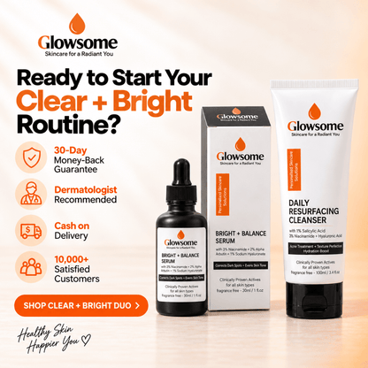 Glowsome Clear + Bright Duo skincare set with 30-day money-back guarantee, dermatologist recommendation and cash on delivery