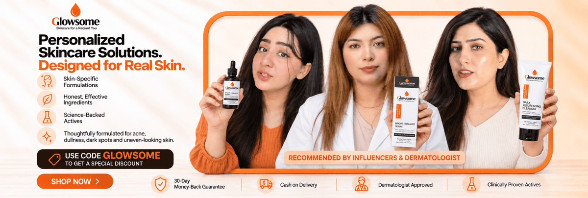 Glowsome Bright + Balance Serum and Daily Resurfacing Cleanser promotional banner with three women and discount code GLOWSOME.